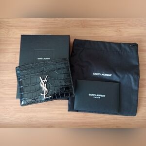 Saint Laurent Black Croc-Embossed Card Holder with Silver Logo